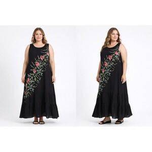VTG American Angel Maxi Dress L Large Black Rayon Floral Rose Whimsigoth Goth Y2